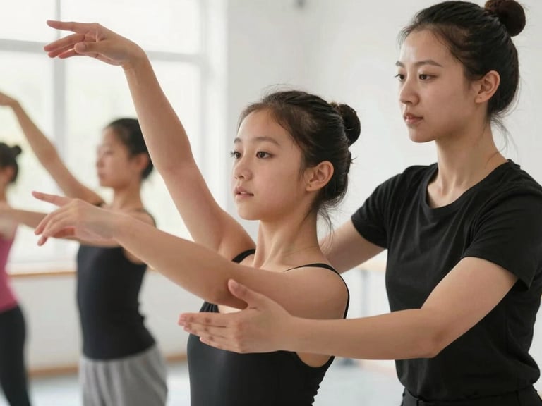 Instructor gently guiding a teenage dancer in a graceful pose, focusing on form, bright studio light, close-up on expressive faces, dynamic action shot.