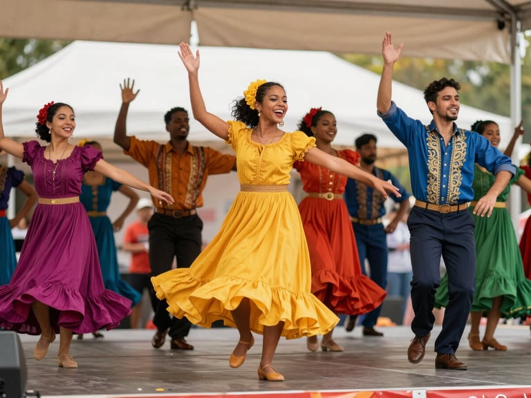 Group of diverse dancers in vibrant costumes performing on a community stage, captured mid-movement, joyful expressions, warm inviting light, dynamic action shot.