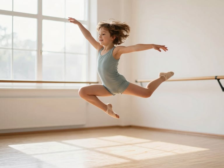 Young child dancer in a bright studio, mid-leap, expressing pure joy, warm natural daylight, dynamic action shot, shallow depth of field.