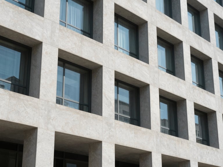 Crisp architectural lines of a modern federal building facade, sharp shadows, bright neutral daylight, high detail, 35mm
