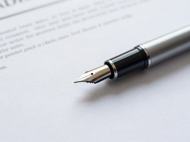 Macro detail of a fountain pen resting on a crisp, structured contract document, bright neutral daylight, clean architectural lines, desaturated corporate blues, 35mm