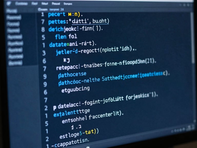 Macro close-up of clean database schema code on a high-resolution monitor, cool-toned low-key studio lighting, electric blue highlights, sharp focus
