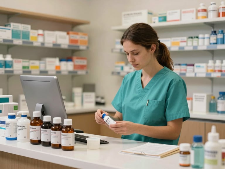 A clean, modern veterinary pharmacy counter with organized medicine bottles, a bilingual pharmacist in teal scrubs gently preparing a prescription under warm lighting.