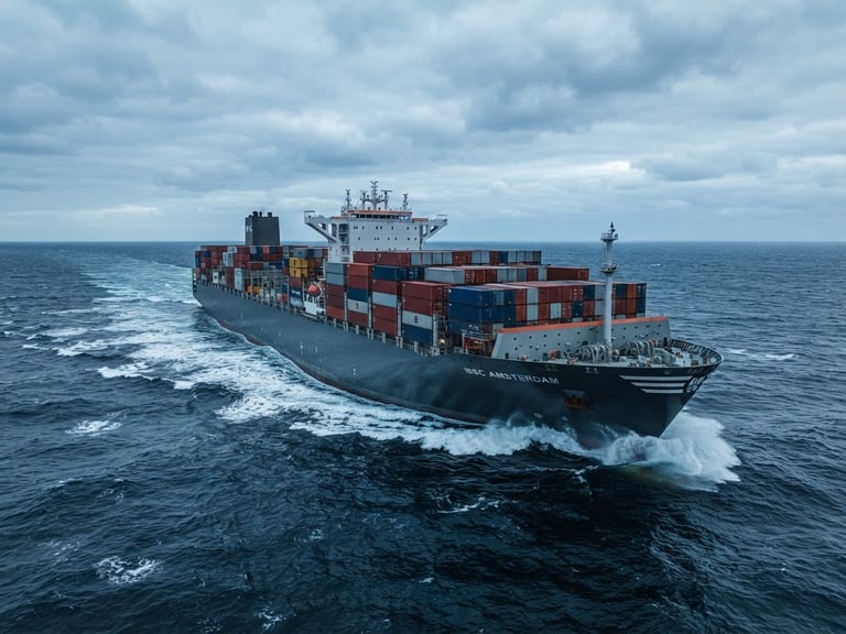 Sleek modern cargo vessel cutting through deep blue ocean water, cool daylight, high contrast, wide architectural angle