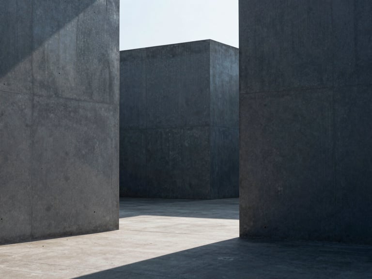 Symmetrical architectural composition with sharp shadows on concrete, cool daylight, minimalist structure, 35mm lens