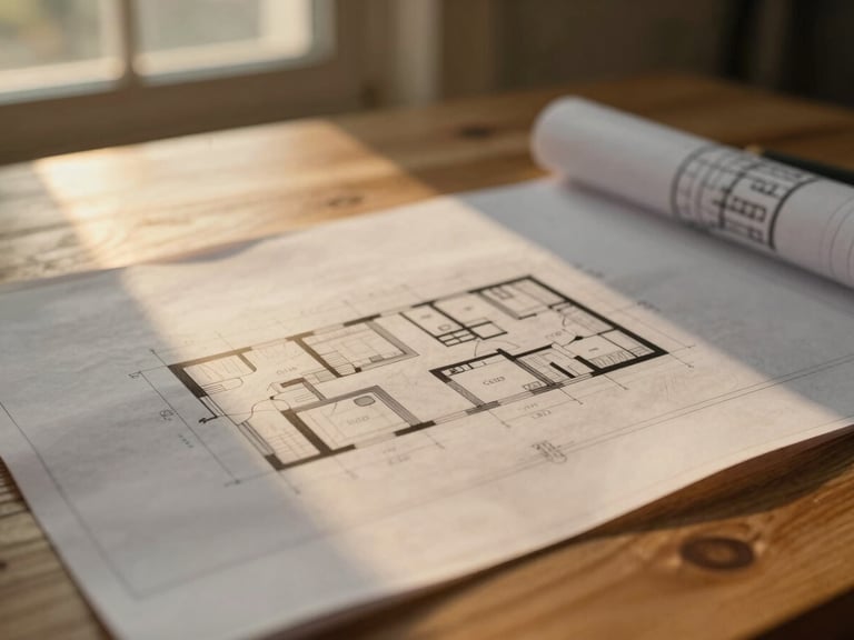 Extreme macro close-up of architectural blueprints on a heavy oak table, soft golden hour light filtering through a window, warm tones