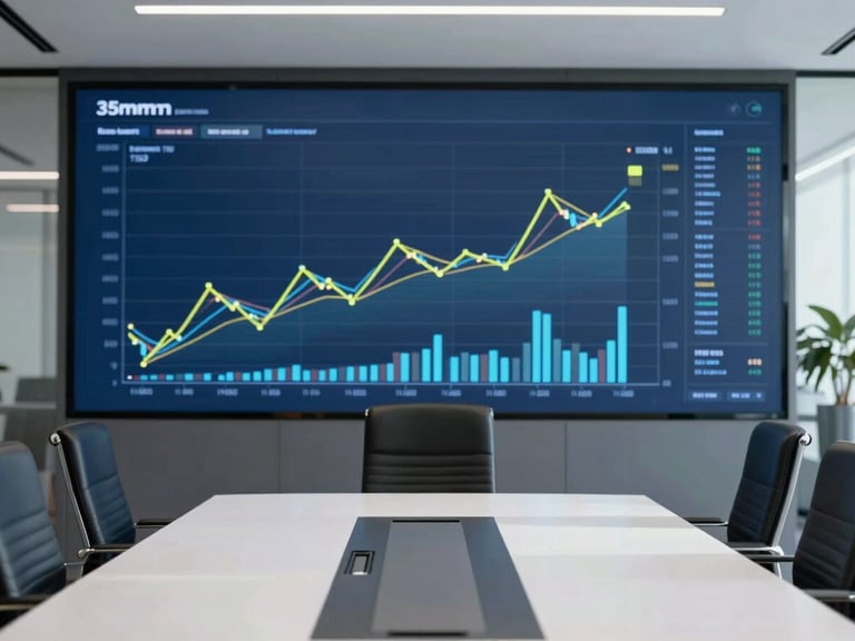 High-end corporate boardroom with subtle digital displays showing clean financial charts, minimal shadows, 35mm