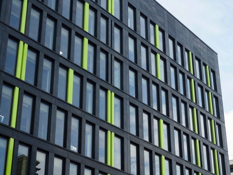 Architectural detail of a modern corporate distribution headquarters, high contrast, cool daylight, 35mm