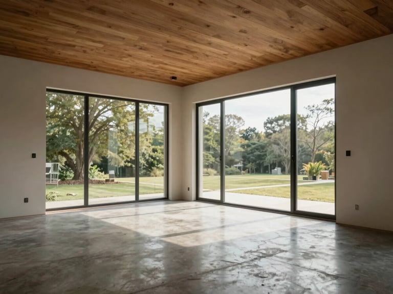 Finished residential living room interior, natural light entering through full-height windows, polished concrete floor, warm wooden ceiling detail, no people, shot from room corner showing proportional depth, soft north-facing daylight