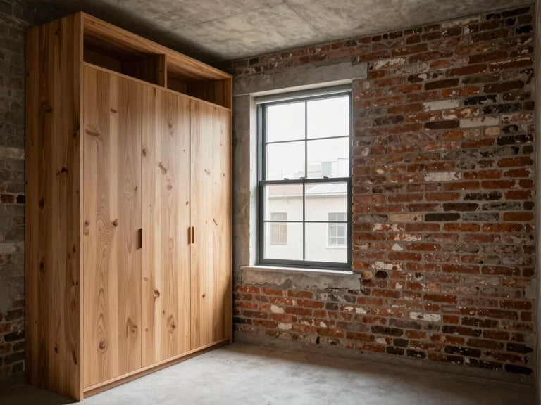 Finished residential bedroom with exposed brick feature wall, soft north-facing window light, timber-framed built-in wardrobe, concrete ceiling visible, no staging props or people, architectural elevation framing