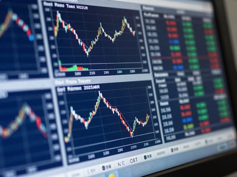 Macro commercial photograph of a high-contrast digital exchange terminal screen displaying real-time currency charts, deep blue and silver tones, crisp shadows, cool-toned studio lighting.