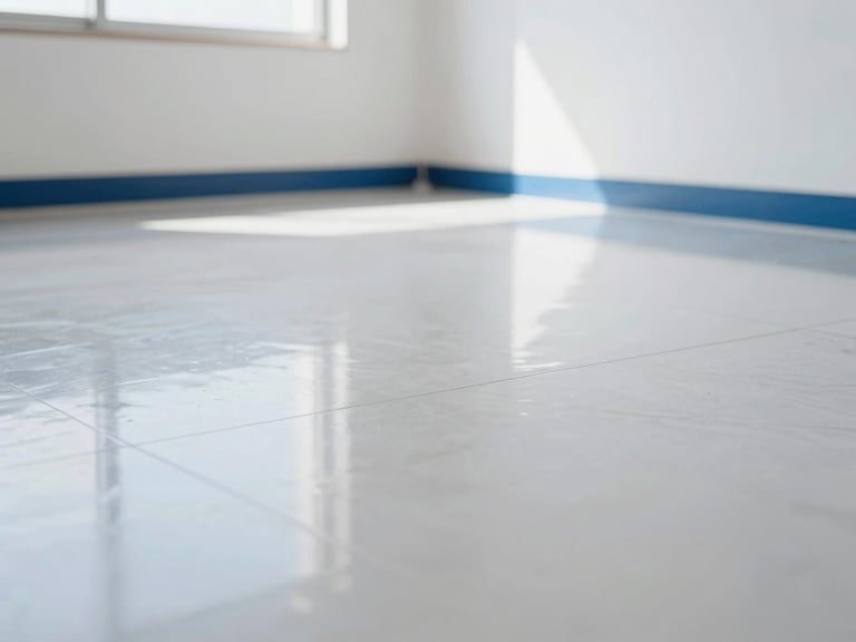Close-up of a perfectly cleaned, high-gloss floor reflecting natural light in a newly constructed, empty room, crisp whites and deep blues, sharp focus, 35mm