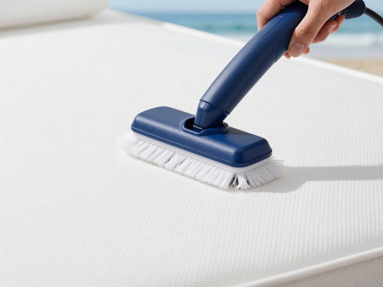 Close-up of a pristine, white mattress surface being gently cleaned with professional equipment, emphasizing hygiene and freshness, crisp whites and deep blues, sharp focus, 35mm
