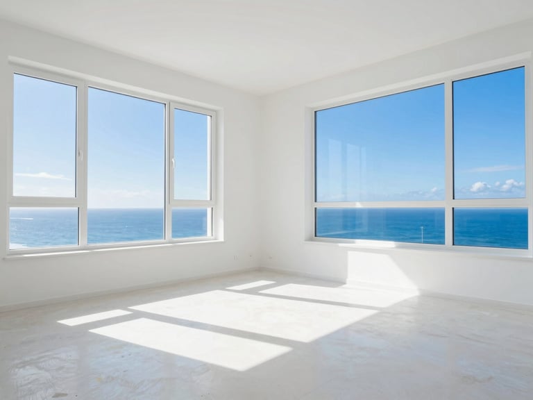 Wide shot of an empty, freshly cleaned apartment with large windows, sunlight streaming in, showing spotless surfaces and a serene atmosphere, crisp whites and deep blues, sharp focus, 35mm