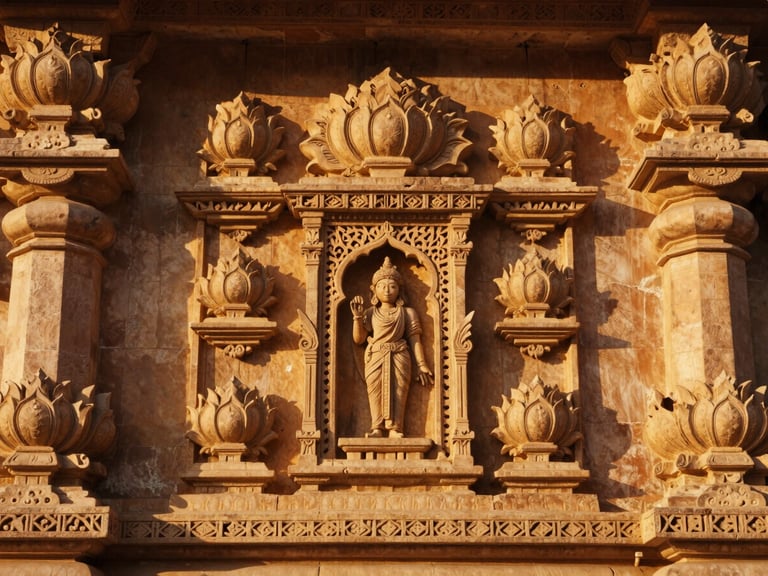 Close view of an ornate Rajasthani temple wall at golden hour — carved sandstone relief of lotus and geometric patterns, warm amber light raking across the surface, deep shadows in the recesses, no people in frame