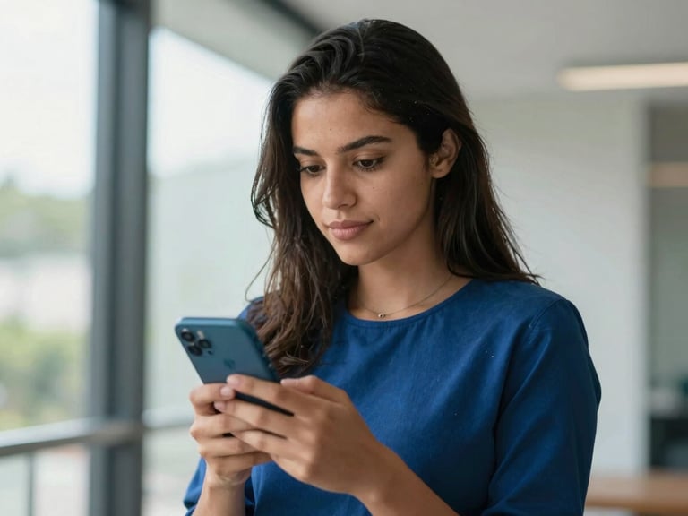 Authentic portrait of a young Brazilian woman looking confidently at her smartphone, with digital security seals subtly visible on the screen, soft natural daylight, deep blue and teal tones