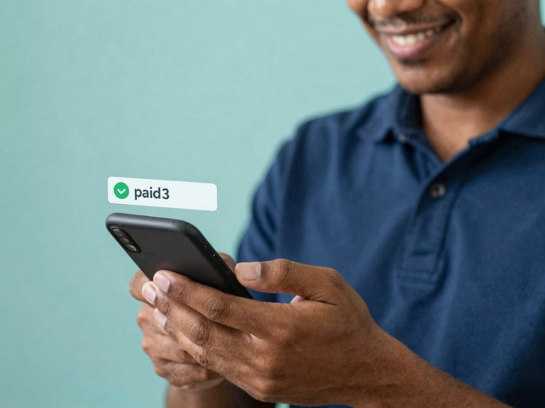 Close-up of a Brazilian worker smiling while checking a mobile banking app, with a subtle overlay showing a 'paid' notification, soft natural daylight, deep blue and teal tones