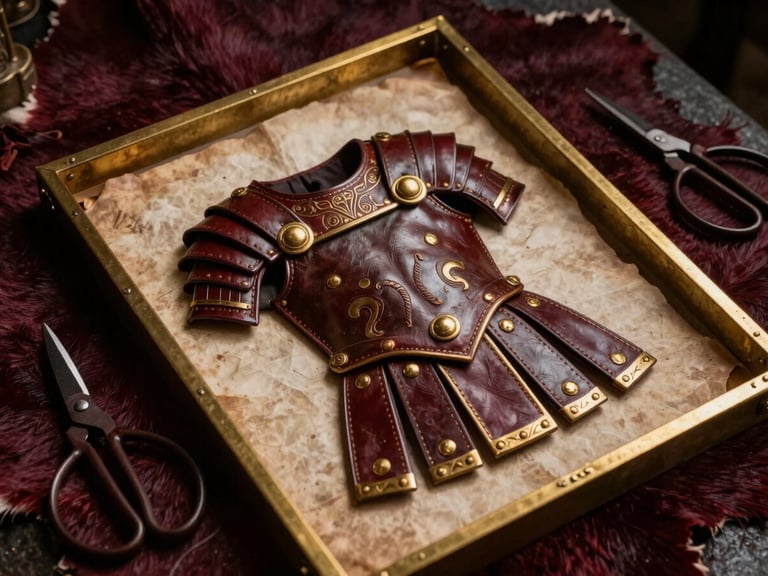 Macro shot of physical Roman armor patterns on aged parchment, surrounded by heavy brass dividers, leather shears, and pieces of dark burgundy hide, dramatic low-key lighting.