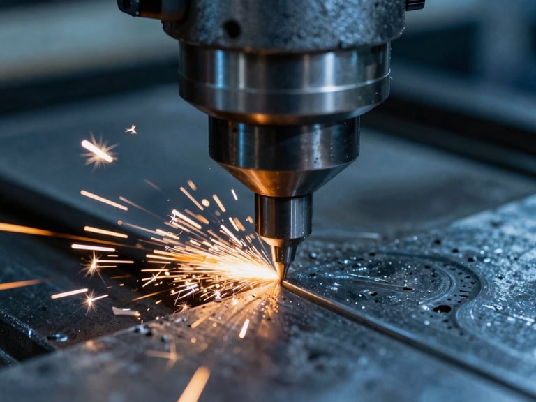 Macro shot of a CNC milling cutter slicing through steel, bright orange sparks flying, cool blue metallic tones, high contrast, 35mm