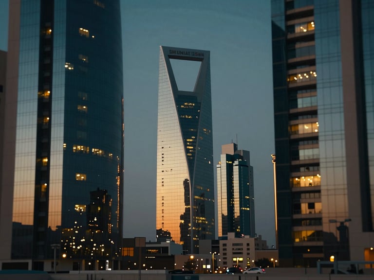 Cinematic wide shot of modern Riyadh cityscape at dusk, warm office lights reflecting on glass facades, low-key dramatic lighting, shallow depth of field, 35mm