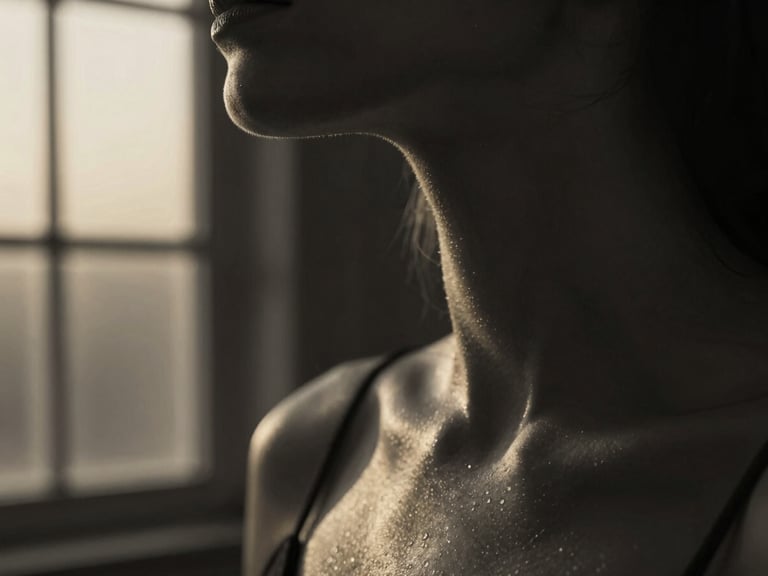 A close-up of a person's neck and collarbone in elegant low-key lighting, soft golden-hour window light, cinematic black and white feel.