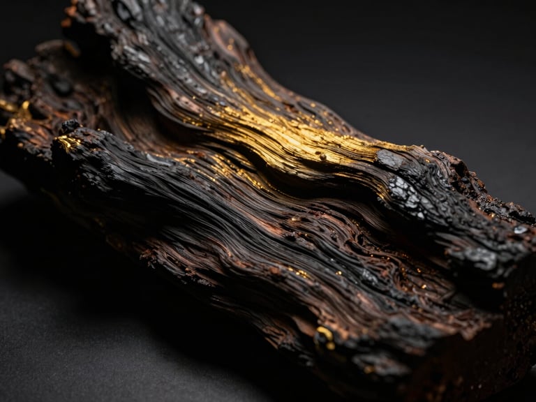 Cinematic shot of dark resinous agarwood bark, soft golden light hitting the texture, deep shadows, high-contrast luxury photography.