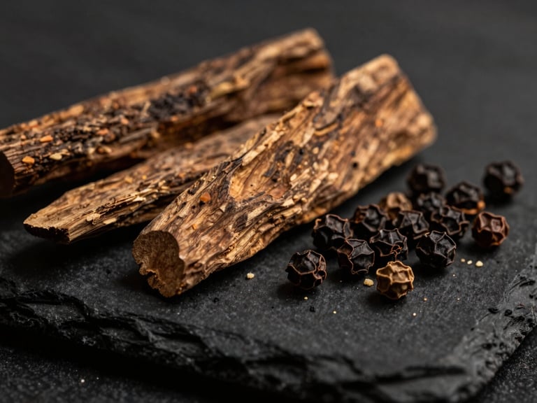 Macro photography of raw sandalwood and crushed black pepper on a dark slate surface, moody lighting, warm gold undertones.