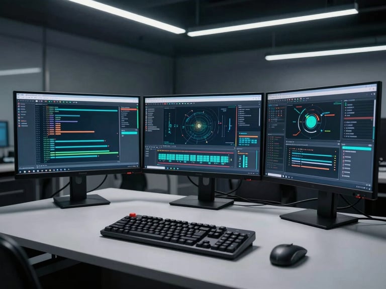 Wide shot of an engineering workstation in a dark room, three monitors displaying terminal logs and a live data pipeline dashboard, mechanical keyboard on a clean desk, cool flat overhead lighting, no people, technical and precise atmosphere
