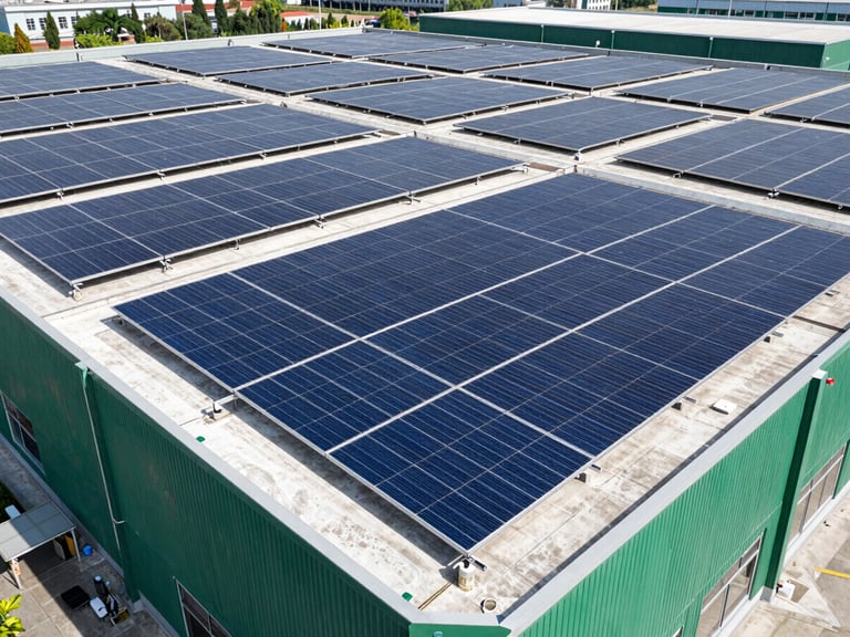 Wide architectural shot of a large commercial building with a vast, clean solar array on its rooftop, bright daylight, sharp shadows.
