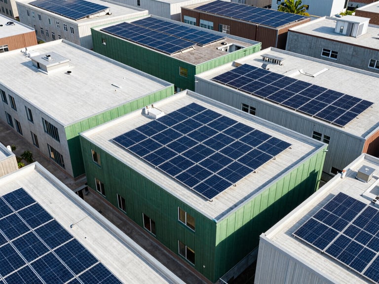 Detailed aerial view of various rooftop solar installations on different building types, showcasing clean geometric patterns and efficient space utilization.