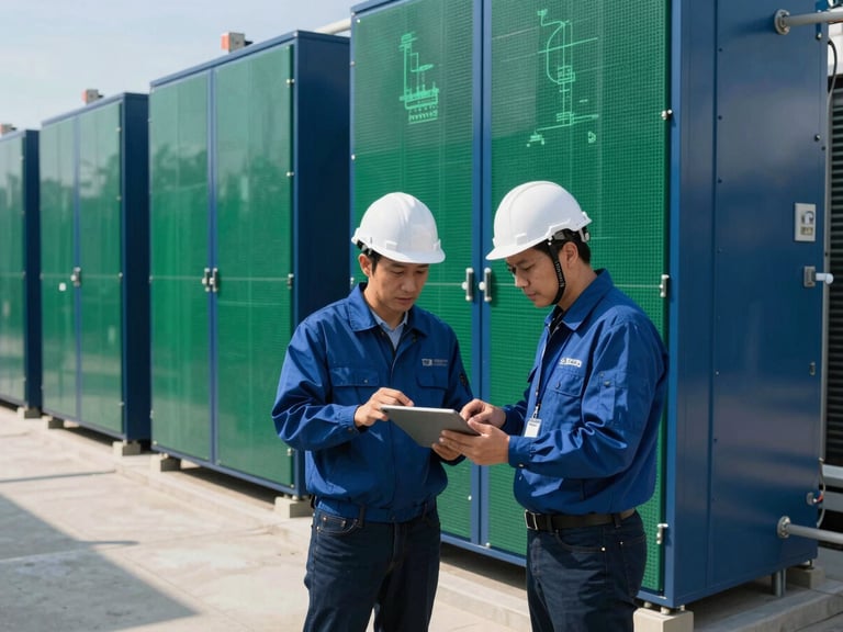 Engineers analyzing digital schematics on a tablet in front of a battery storage unit, bright daylight, sharp shadows, deep blue and emerald tones, wide-angle lens, high-end commercial aesthetic
