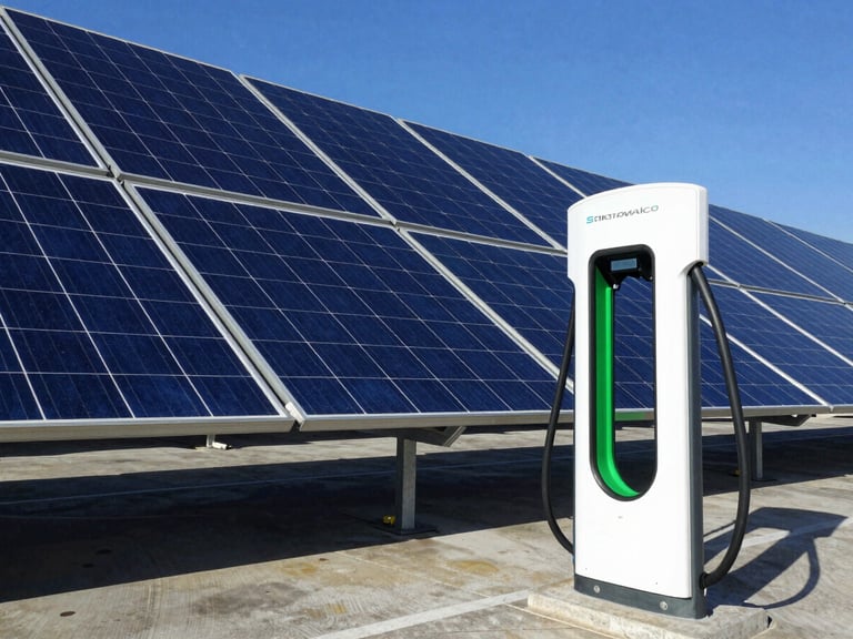 Modern EV charging station powered by a nearby solar array, wide architectural angle, bright daylight, sharp shadows, deep blue and emerald tones, high-end commercial aesthetic