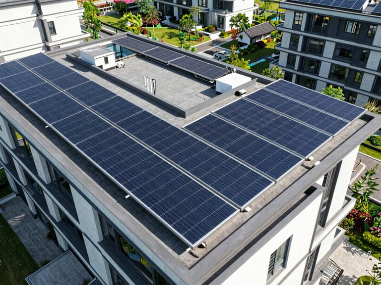 Aerial drone shot of a modern residential rooftop with a sleek, high-efficiency solar array, bright daylight, sharp shadows, wide architectural angle.