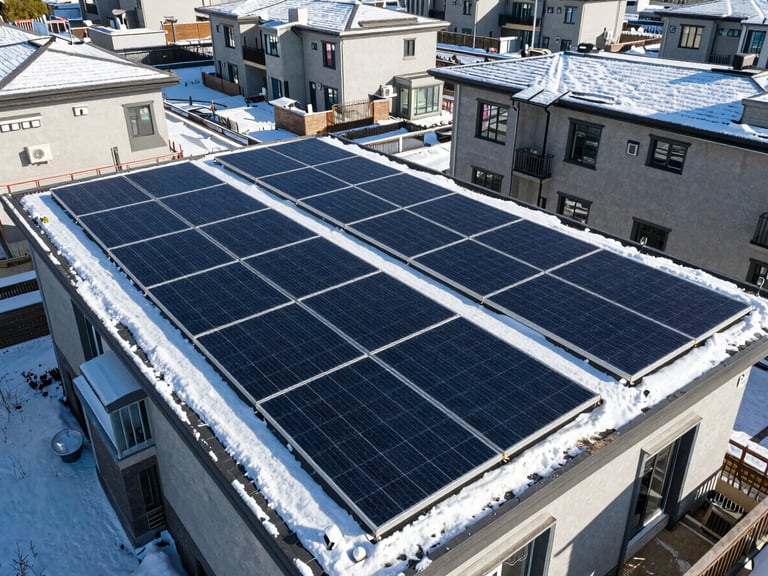 Drone shot of a residential rooftop solar array partially covered in light snow, highlighting clean design, bright daylight, sharp shadows, deep blue and emerald tones, wide-angle lens, high-end commercial aesthetic