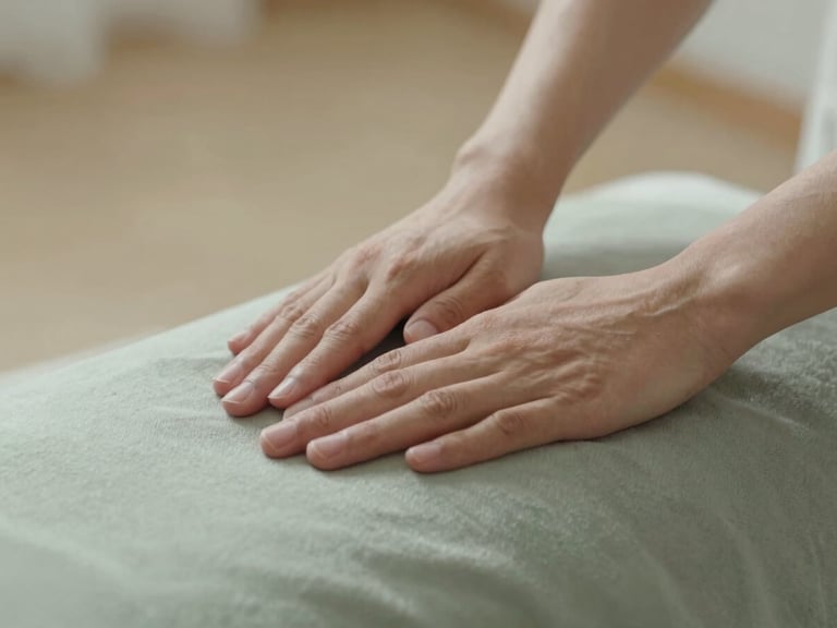 Close-up of hands gently hovering over a clothed client, soft morning light casting gentle shadows, warm sand and muted sage tones, shallow depth of field, 35mm.