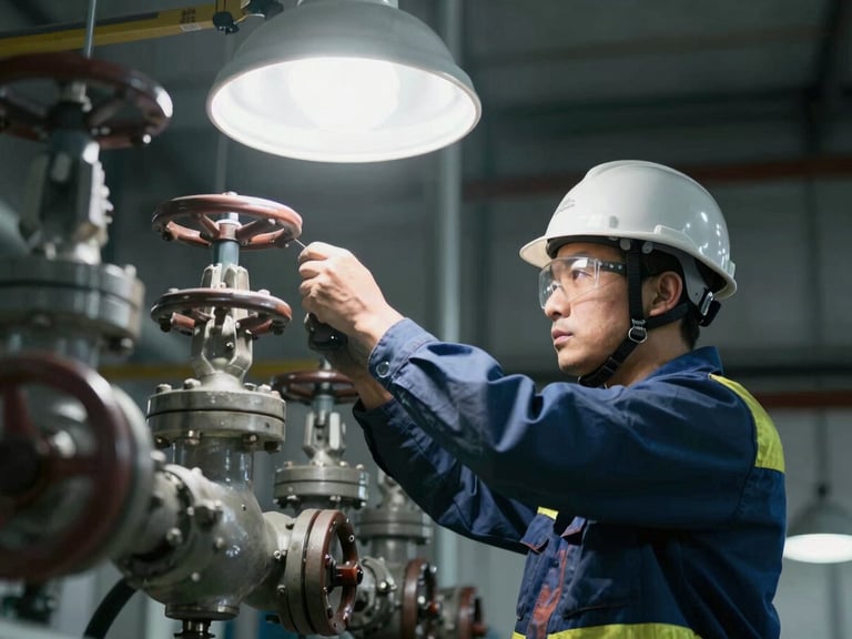 High-contrast shot of an energy sector worker in a hardhat adjusting valves, sharp overhead lighting, cool desaturated tones