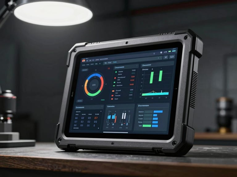 Ruggedized industrial tablet displaying high-contrast data visualization dashboard, sharp overhead workshop lighting, dark charcoal background, crisp medium format lens