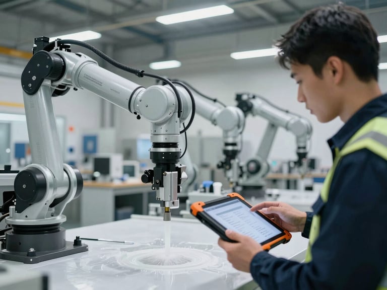 Clean factory floor with robotic assembly arms and a technician holding a ruggedized tablet, high-contrast industrial light