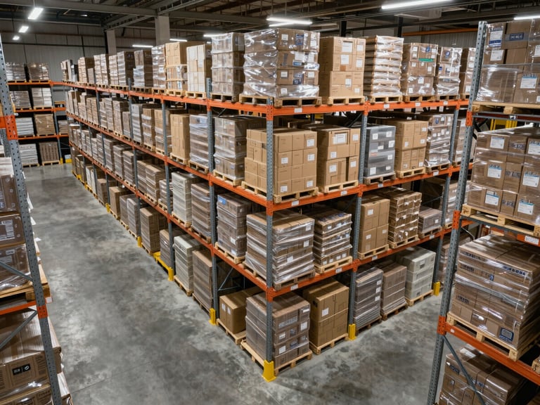 Overhead wide-angle view of an organized warehouse interior with tall metal racking systems stacked floor to ceiling with uniformly packaged bulk goods in cardboard cases, bright overhead fluorescent lighting illuminating clean concrete floors and systematic inventory arrangement, no people