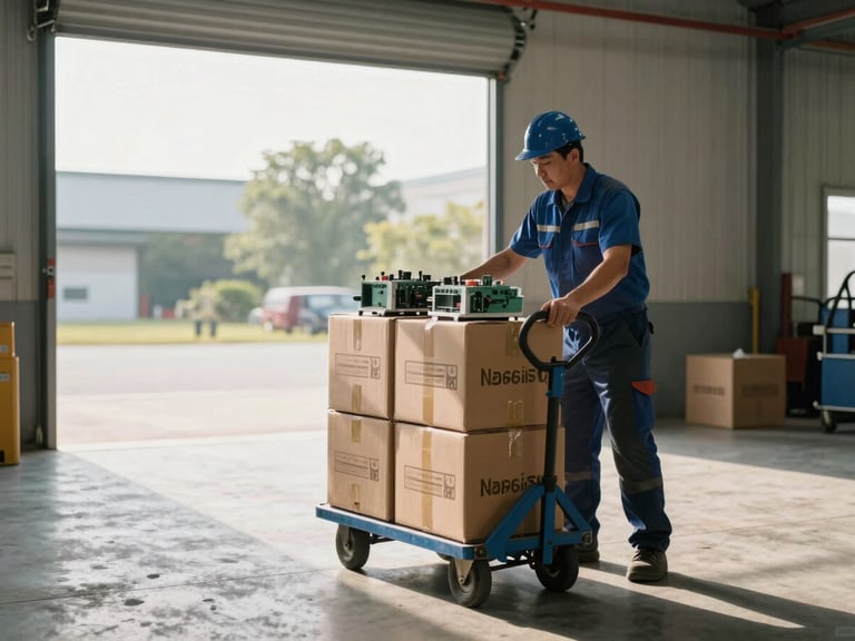 Environmental shot of a warehouse loading bay, a worker loading labeled cardboard boxes of electrical components onto a hand truck, natural morning light flooding in through the open bay door, concrete floor visible