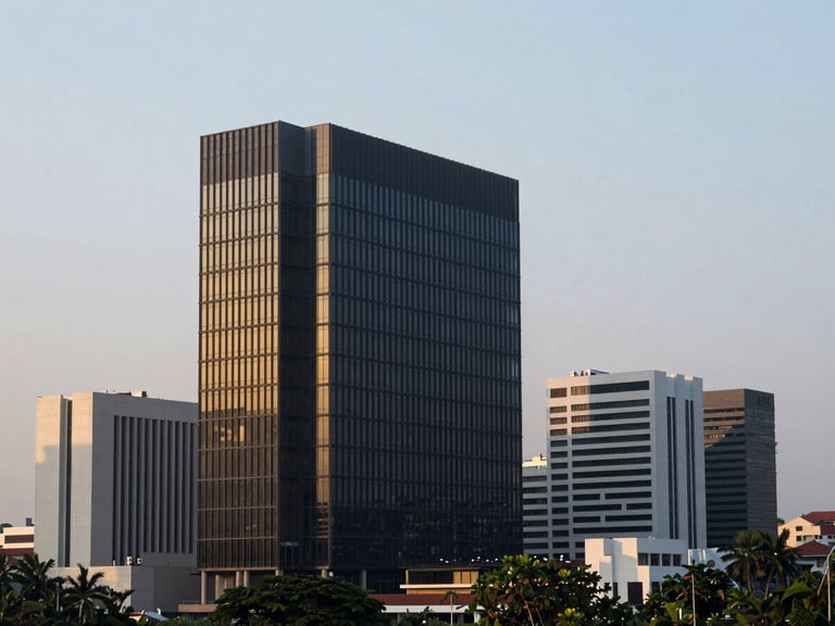 Architectural shot of a modern business district in Kerala, India, at golden hour, low horizon, with a subtle blend of traditional and contemporary elements.