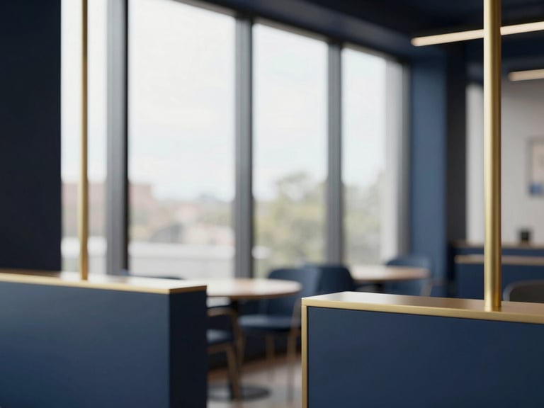 Architectural shot of a modern startup accelerator space, vibrant but minimalist, large windows, soft natural daylight, deep navy and gold accents, minimalist corporate setting, shallow depth of field