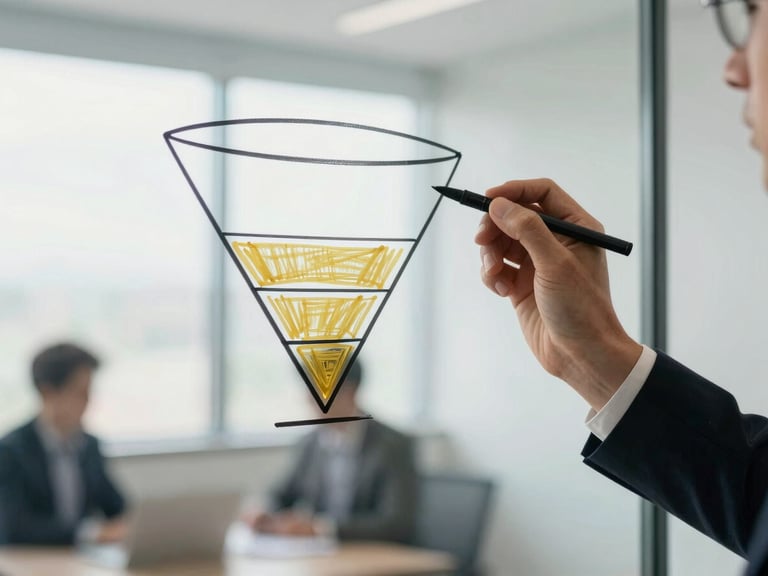 Consultant sketching a sales funnel diagram on a glass board, hands in motion, international business environment, soft natural daylight, deep navy and gold accents, minimalist corporate setting, shallow depth of field