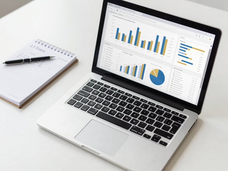 Overhead shot of an analytics dashboard on a laptop with charts and graphs, next to a notepad with handwritten notes, in a clean, minimalist workspace.