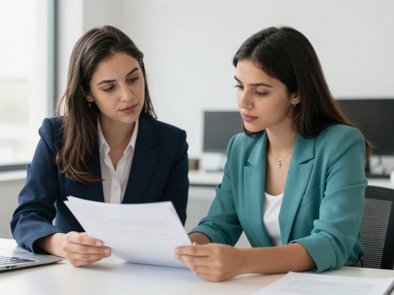 Kátia Gois mentoring a student one-on-one in a professional office setting, both looking at documents, warm and encouraging interaction, soft daylight.