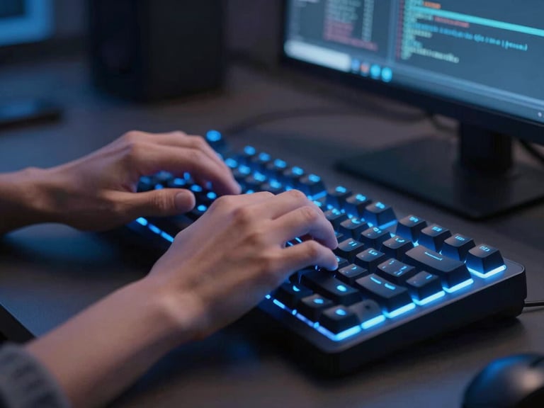 Close-up of hands typing code on a mechanical keyboard, glowing blue LED backlights, modern software agency workspace, sharp focus