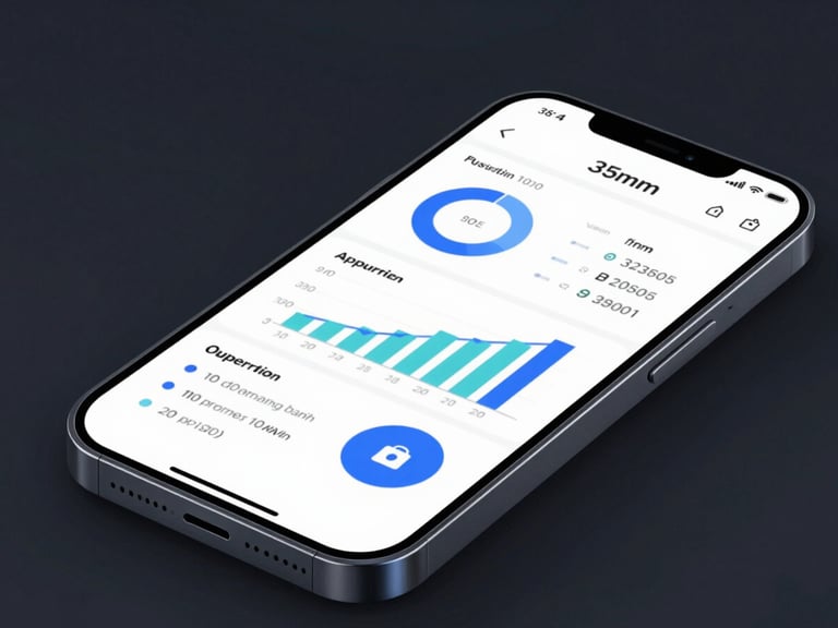 Close-up of a high-tech smartphone displaying a clean business analytics dashboard, cool studio lighting with subtle electric blue accents, sharp focus, 35mm