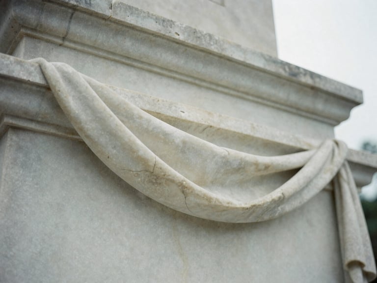 Close-up of finished carved marble drapery detail on a monument, soft overcast light, muted stone tones, shallow depth of field