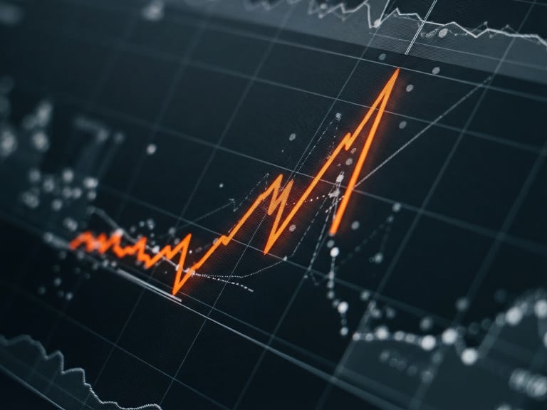 High-contrast macro shot of a real-time analytics dashboard on a monitor, sharp cool-toned office light, safety orange data line spiking upward, 35mm lens