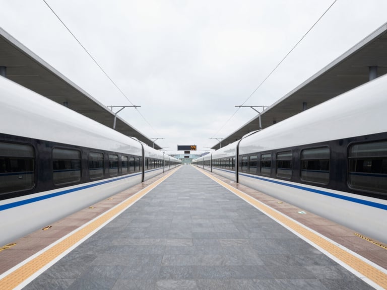 A clean architectural view of a modern train platform connecting directly to an airport terminal corridor, bright overcast light, slate grey tones.